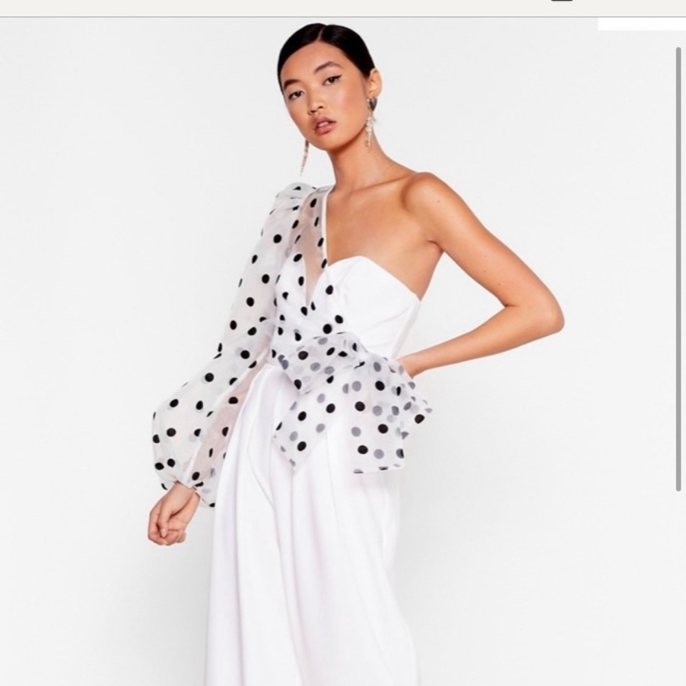 Nasty Gal White One-Shoulder Polka Dot Sleeve Jumpsuit